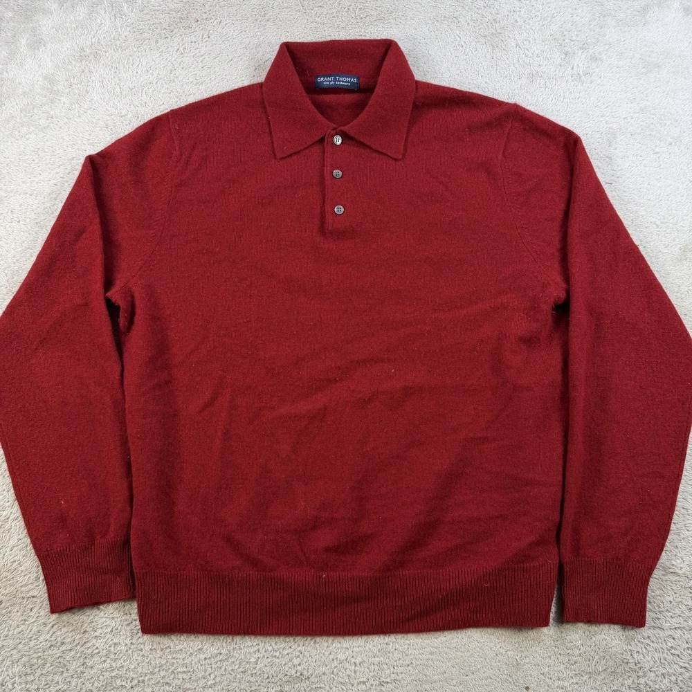 Grant Thomas Sweater Polo Mens Medium Red 100% Cashmere Collared Two Ply